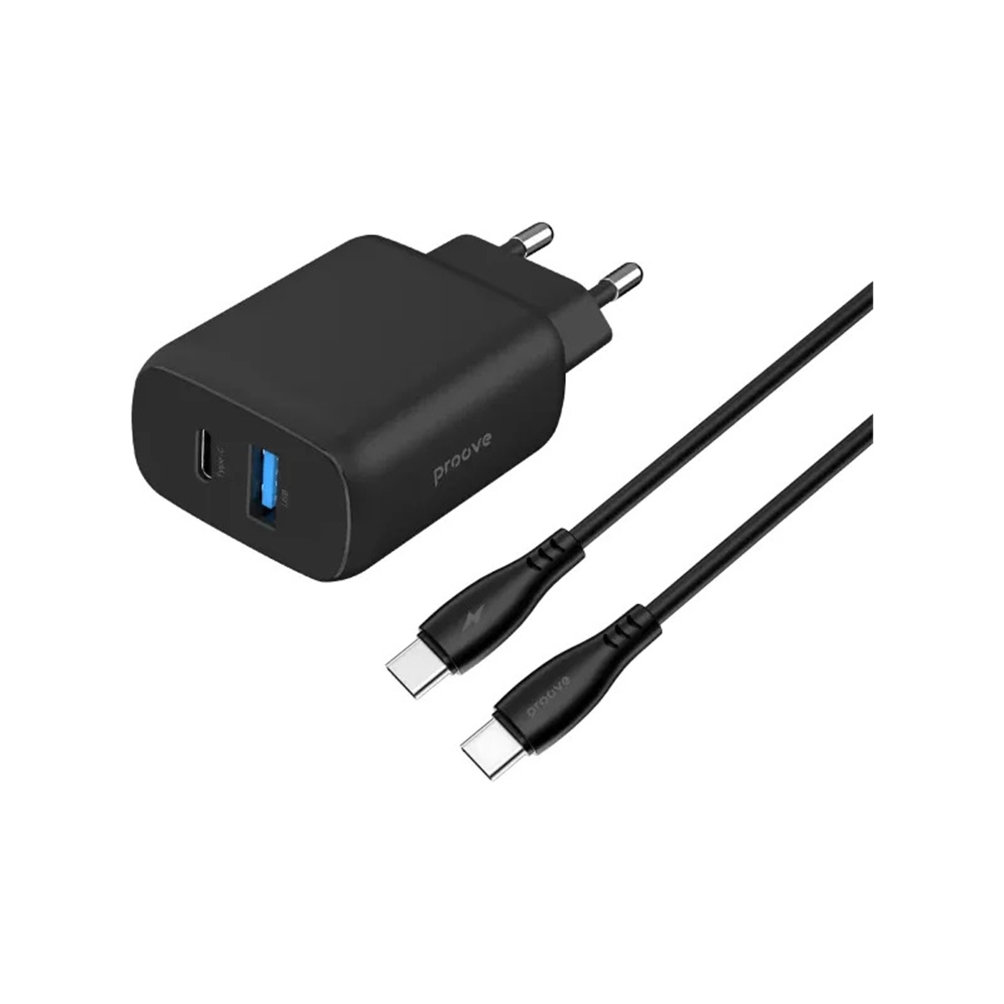 СЗУ Proove Silicone Power 2 30W (Type-C + USB) + Cable Type-C to Type-C (1m) (black)
